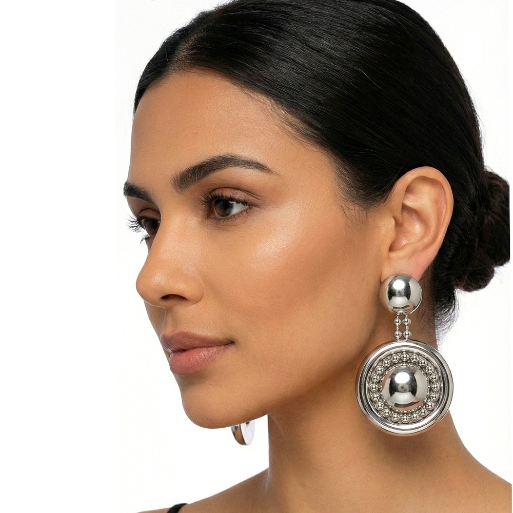 90's-Y2K Silver Chunky Round Drop Fashion Earrings